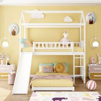 Twin Over Twin Bunk Bed with Slide, House Bed with Slide - White