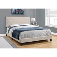 Bed/ Queen Size/ Platform/ Bedroom/ Frame/ Upholstered/ Linen Look/ Wood Legs/ Beige/ Black/ Transitional