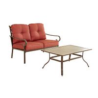 LOKATSE HOME Patio Loveseat Furniture Set Outdoor Conversation Metal Bench 2 Seat Cushion Sofa and Coffee Table with Steel Frame, Red
