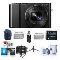 Panasonic Lumix DMC-ZS100 Digital Camera, 20.1MP, Black - Bundle with 2x 32GB Class 10 U3 SDHC Card, Camera Case, Spare Battery, Cleaning Kit, Memory Wallet, Tripod, Card Reader, Software Package