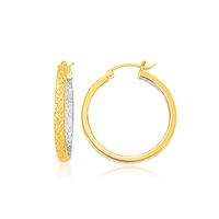 Two Tone Yellow and White Gold Petite Patterned Hoop Earrings