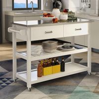 Merax Stainless Steel Table Top White Kicthen Cart With Two Drawers - Kitchen Cart - Stainless Steel