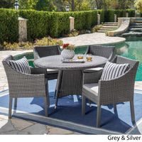 Franco Outdoor 5-piece Round Wicker Dining Set with Cushions & Umbrella Hole by Christopher Knight Home - Grey + Silver