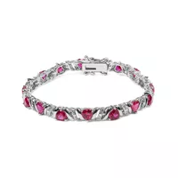 .925 Sterling Silver Created Heart Shape Red Ruby and White Diamond Accent Link Bracelet (I-J Color, I3 Clarity)- 7.25" Inches