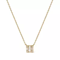 10K Yellow Gold 1/10 Cttw Round and Baguette Diamond Mosaic Square 18" Inch Pendant Necklace (H-I Color, I1-I2 Clarity)