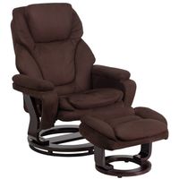 Contemporary Recliner and Ottoman with Swiveling Mahogany Wood Base - Brown Microfiber