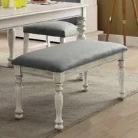 Transitional Upholstered Fabric Dining Bench in Antique White/Gray