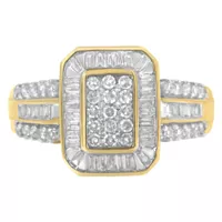 10K Yellow Gold 1ct TDW Round and Baguette cut Diamond Cluster Ring (I-J,SI1-SI2) Choice of size