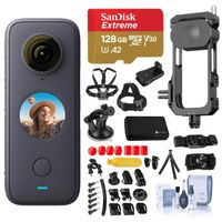 Insta360 ONE X2 360 Degree Waterproof Action Camera Bundle with Insta360 Utility Frame (Cage), Froggi Sport Accessory Kit, 128GB microSD Card, Cleaning Kit