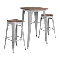 Offex 23.5" Square Silver Metal Bar Table Set with Wood Top and 2 Backless Stools