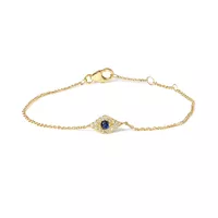 10K Yellow Gold Blue Sapphire and Diamond Accent Evil Eye Station Link Bracelet (H-I Color, I1-I2 Clarity) - Size 7"