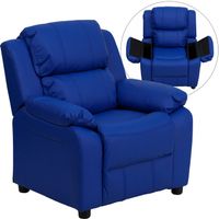 Deluxe Heavily Padded Contemporary Blue Vinyl Kids Recliner with Storage Arms - Blue Vinyl