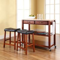 Crosley Furniture Cherry Wood Kitchen Cart/Island with Cherry 24-inch Upholstered Saddle Stools - Cherry