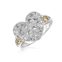 Designer Sterling Silver and 14k Yellow Gold Filigree Heart Ring with Diamonds (Size 8)