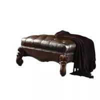 ACME Versailles Ottoman, Two Tone Dark Brown Synthetic Leather & Cherry Oak
