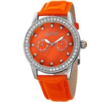 August Steiner Women's Swarovski Crystal Multifunction Leather Silver-Tone/Orange Strap Watch - Orange