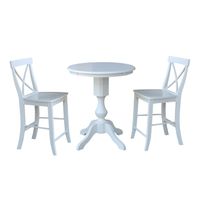 30" Round Pedestal Gathering Height Table With 2 X-Back Counter Height Stools - White