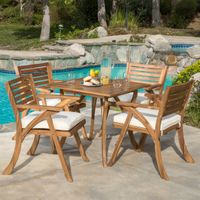 Outdoor Hermosa 5-piece Acacia Wood Dining Set with Cushions by Christopher Knight Home - Gray + Creme Cushion