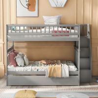 Full over Full Solid Wood Bunk Bed with Trundle and Staircase - Gray