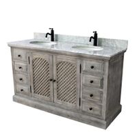 61"Rustic Solid Fir Double Sink Vanity in Grey Finish with Carrara White Marble Top-No Faucet - Oval