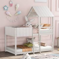 Twin size Loft Bed Wood Bed with Guardrail  Solid Wood with Ladder - White washed