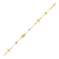 14k Tri Color Gold Bracelet with Crosses Cubes and Medallions (7.5 Inch)