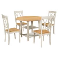 Merax 5-Piece Round Drop Leaf Dining Set with 2-tier Storage Shelves - Natural