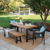 Montgomery Outdoor 6-Piece Rectangle Wicker Wood Dining Set by Christopher Knight Home - Teak Finish + Rustic Metal + Multibrown