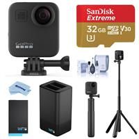 GoPro MAX 360 Action Camera - Bundle With 32GB MicroSDHC Card, GoPro Dual Battery Charger With 1600mAh Lithium-Ion Battery, GoPro Grip + Tripod, Cleaning Kit, Microfiber Cloth