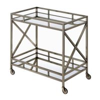 Metal Framed Two Tier Serving Cart with X Shaped Side Panels,Antiqued Gold and Mirror - Metal