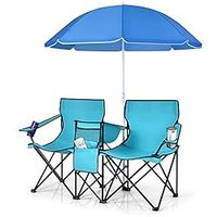 COSTWAY Double Portable Picnic, Folding w/Detachable Umbrella, Cooler Bag, Cup Holders, Patio Beach Chairs for Outdoors Camping Furniture, Turquoise