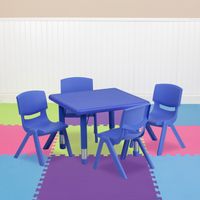24" Square Plastic Height Adjustable Activity Table Set with 2 or 4 Chairs - Blue - 4 chairs