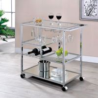Baza Contemporary Chrome Metal Serving Cart with Stemware Rack by Furniture of America - Chrome/Clear