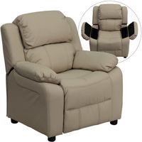 Deluxe Heavily Padded Contemporary Beige Vinyl Kids Recliner with Storage Arms - Beige Vinyl