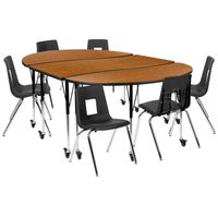 Mobile 86" Oval Wave Flexible Activity Table Set with 18" Student Stack Chairs - Oak