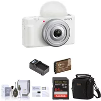 Sony ZV-1F Vlogging Camera, White Bundle with 64GB SD Card, Shoulder Bag, Extra Battery, Charger, Screen Protector, Cleaning Kit