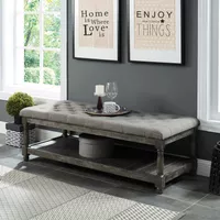 Rustic Wood Tufted 1-Open Shelf Bench in Gray
