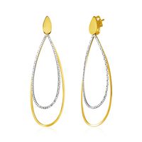 14k Two Tone Gold Textured and Polished Open Teardrop Post Earrings 