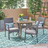 Ferris Outdoor 5 Piece Acacia Wood/ Wicker Dining Set by Christopher Knight Home - Water Resistant/Cushion Included - gray + gray cushion - Fabric/Wicker/Acacia