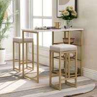 3-piece Modern Pub Set with Faux Marble Countertop and Bar Stools - White