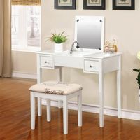Laurel Creek Zadie White Vanity Table with Mirror & Stool - Vanity Set White Butterfly Bench