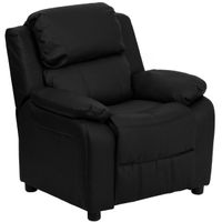 Deluxe Heavily Padded Contemporary Leather Kid's Recliner with Storage Arms - Black Leather