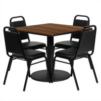Flash Furniture 36'' Square Walnut Laminate Table Set with 4 Black Trapezoidal Back Banquet Chairs