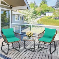 Costway 3PCS Patio Rattan Bistro Set Cushioned Chair Glass Table Deck - Green
