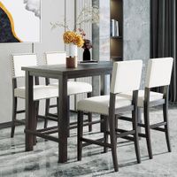 5-Piece Counter Height Dining Set, Classic Elegant Table and 4 Chairs - Beige