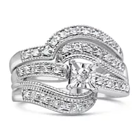 .925 Sterling Silver 1/3 Cttw Round Diamond Crisscross Engagement Ring Bridal Set (H-I Color, I1-I2 Clarity ) - Size 8