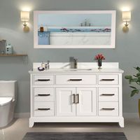 Vanity Art 60" Single Sink Bathroom Vanity Set Super White Phoenix Stone Top Soft-Closing Doors Undermount Sink with Free Mirror - White