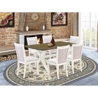 Dining Set -  a Table and Dining Chairs - Wire Brushed Linen White & Distressed Jacobean Finish (Fabric Color Options) - X076MZ001-7