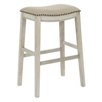 OSP Home Furnishings 30 Inch Bar Height Saddle Stools in Fabric Seat and Antique Base, 2 Pack - beige seat/white base