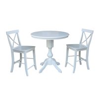 36" Round Extension Dining Table 36"H With 2 X-Back Counterheight Stools - White